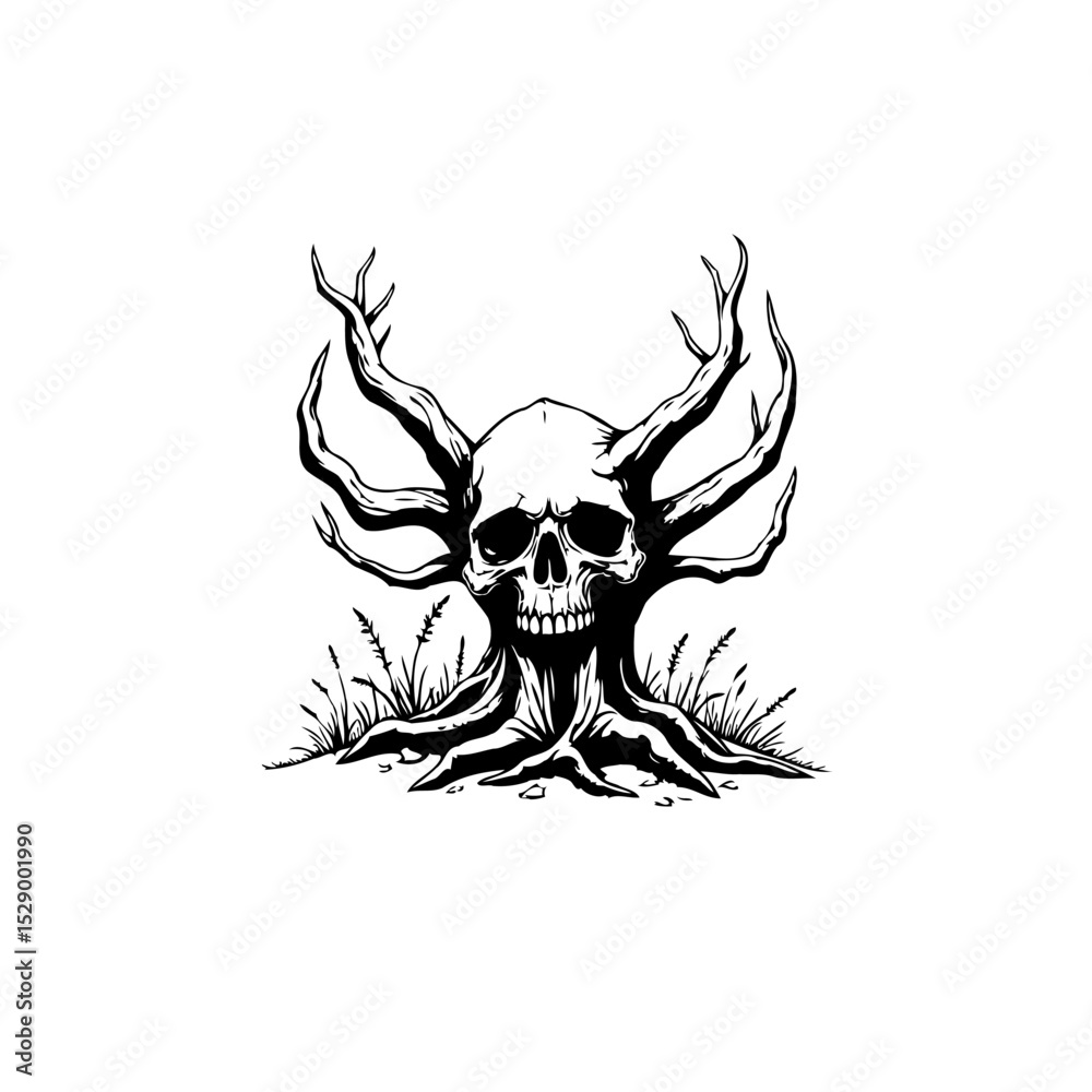 Fototapeta premium Haunting Skull Tree Illustration: A Symbol of Mortality and the Intertwined Nature