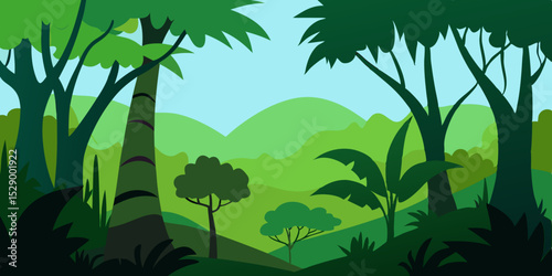 Lush Tropical Jungle Landscape Background with Dense Greenery and Exotic Plants Vector Illustration