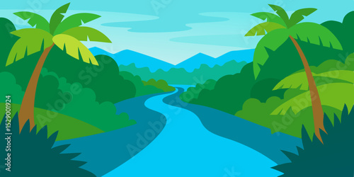 Lush Jungle River Landscape Background with Dense Greenery and Flowing Water Vector Illustration