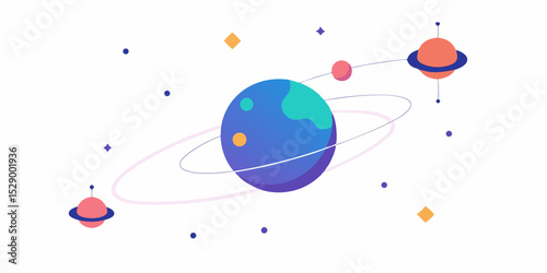 Modern Isometric Space Scene with Clear Orbit Paths and Star Dots Vector Illustration