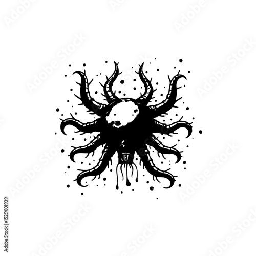 Mystical horror illustration, sinister creature with tentacles and skull face, dark graphic