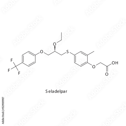 Seladelpar chemical structure skeletal formula. PPARδ agonist drug used to treat Primary biliary cholangitis (PBC), lipid disorders (investigational). Simple schematic illustration.