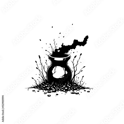 Mystical potion brewing, a cauldron filled with bubbling magic, dark design, illustration