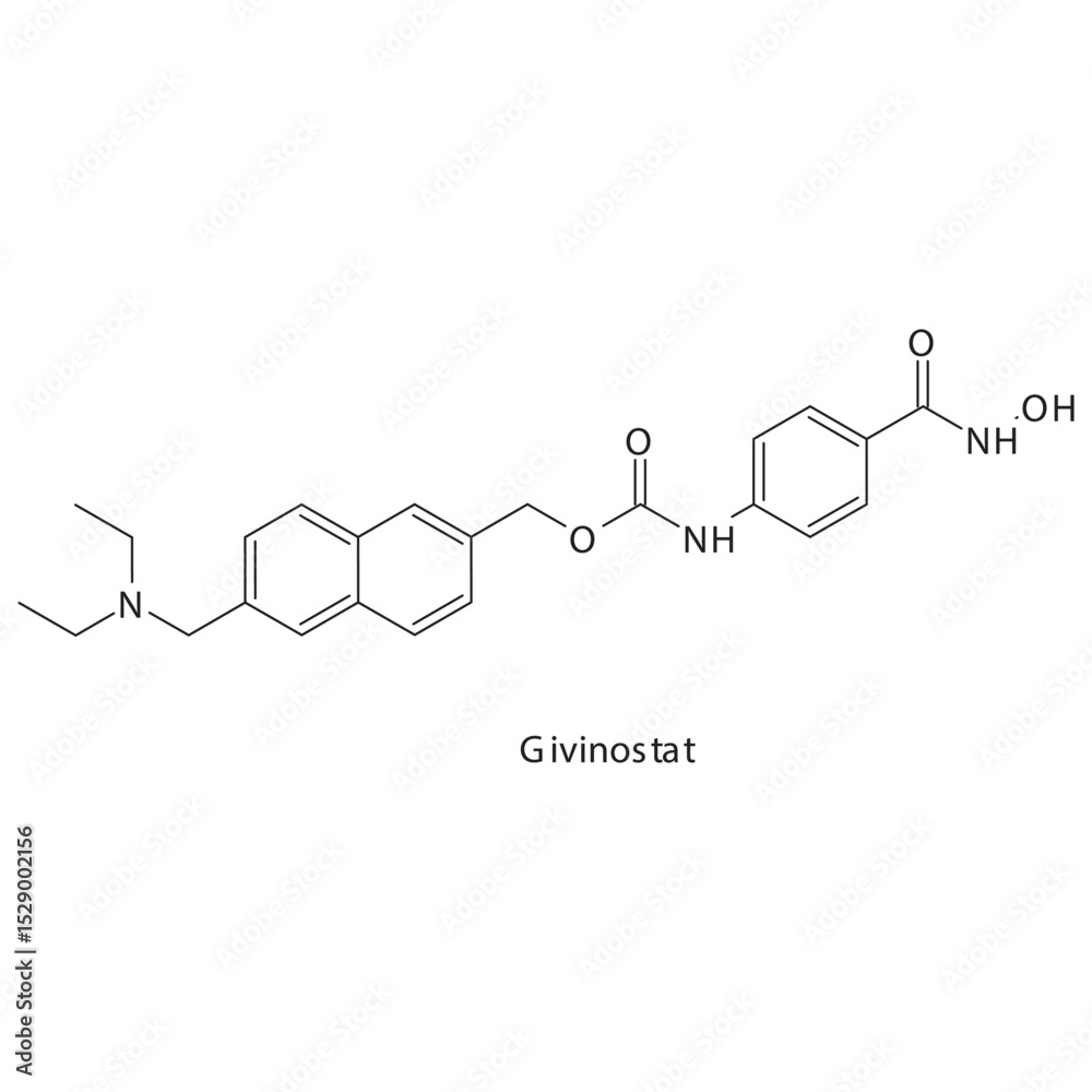 Obraz premium Givinostat chemical structure skeletal formula. HDAC inhibitor drug used to treat Duchenne muscular dystrophy, leukemia. Simple schematic illustration.