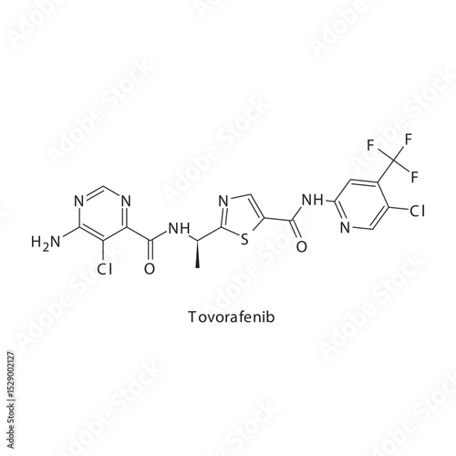 Tovorafenib chemical structure skeletal formula. Pan-RAF kinase inhibitor drug used to treat Pediatric low-grade glioma, solid tumors. Simple schematic illustration.