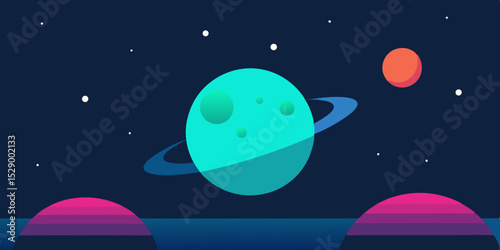 Modern Minimalist Alien Planet with Orbiting Moons and Aurora Borealis Vector Illustration Background