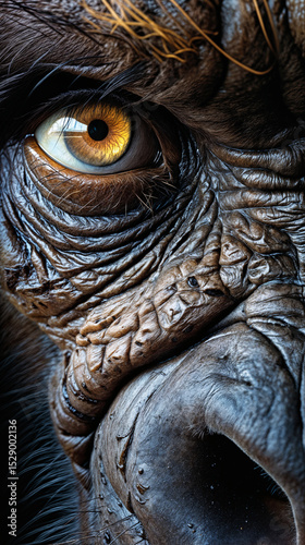 Extreme close-up of a gorilla's eye with golden iris. Detailed texture of skin and fur reveals emotion and primal intensity. Wildlife portrait exploring animal consciousness.