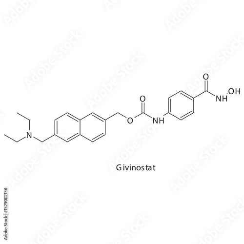 Givinostat chemical structure skeletal formula. HDAC inhibitor drug used to treat Duchenne muscular dystrophy, leukemia. Simple schematic illustration.
