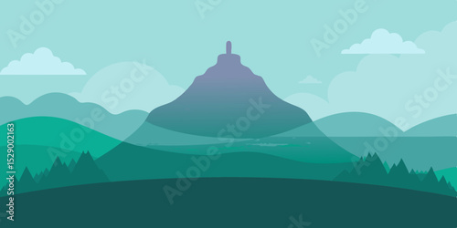 Ethereal Misty Hill Landscape Background with Fog and Trees Vector Illustration
