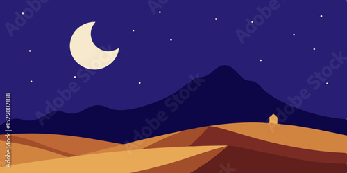 Mysterious Moonlight Desert Landscape Background with Sand Dunes Vector Illustration