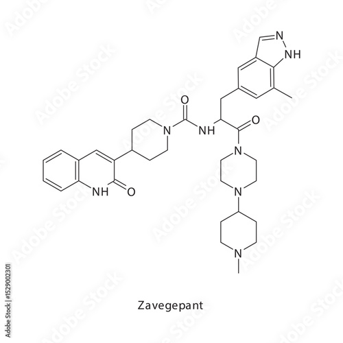 Zavegepant chemical structure skeletal formula. Calcitonin gene-related peptide (CGRP) receptor antagonist drug used to treat Migraine treatment and prevention. Simple schematic illustration.