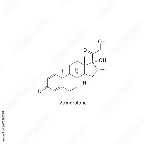 Vamorolone chemical structure skeletal formula. Dissociative corticosteroid drug used to treat Duchenne muscular dystrophy (DMD). Simple schematic illustration.