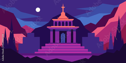 Enchanting Mystic Temple Landscape Background with Ancient Architecture Vector Illustration
