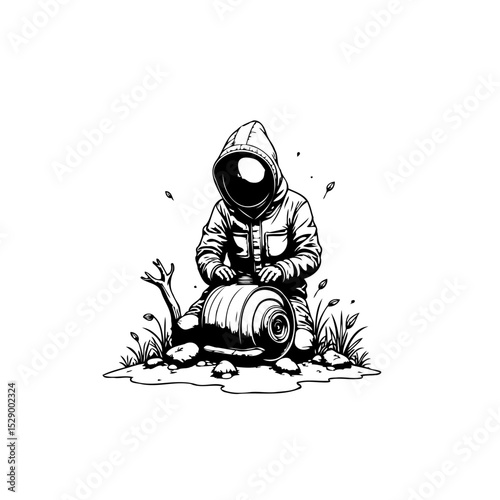 Astronaut in a Hooded Suit Contemplates the Universe: A Minimalist Black and White Graphic