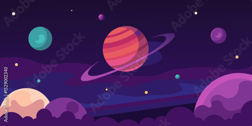 Ethereal Nebula Backdrop with Silhouettes of Planets and Moons Vector Illustration Background