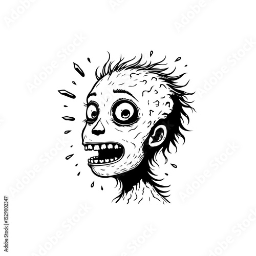 Expressive hand-drawn portrait of a frightened character with wide eyes and open mouth