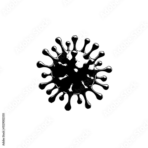 Detailed monochrome representation of a coronavirus particle against a white backdrop