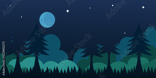 Mysterious Night Forest Landscape Background with Moonlight Vector Illustration