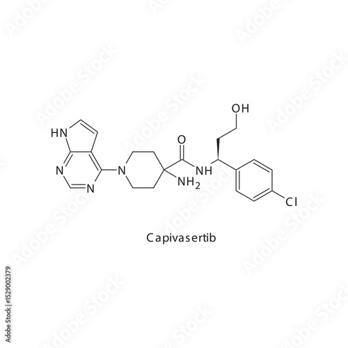Capivasertib chemical structure skeletal formula. AKT inhibitor drug used to treat Breast cancer, prostate cancer (especially with PI3K/AKT pathway mutations). Simple schematic illustration.