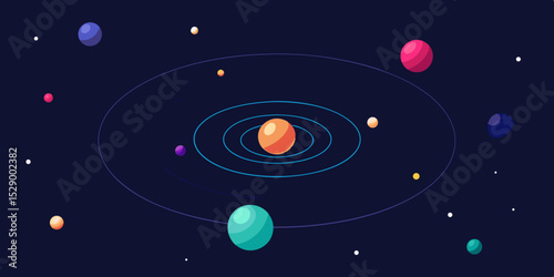 Serene Night Sky Concept with Planets Around a Central Star Vector Illustration