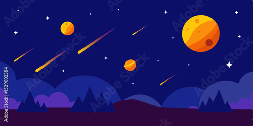 Mysterious Night Time Planetary Landscape with Streaking Meteors Vector Illustration Background