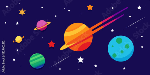 Vibrant Outer Space Scene with Shooting Stars, Planets, and Nebula Vector Illustration Background