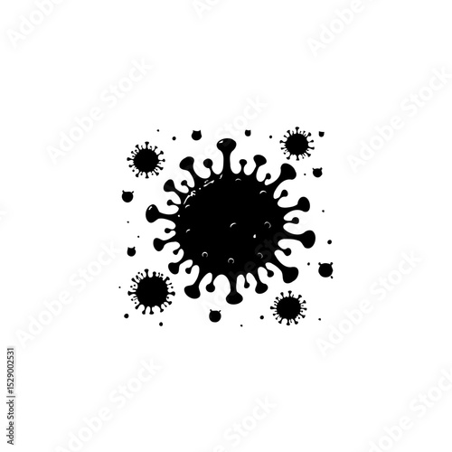 Stylized black and white coronavirus representation against a clean backdrop