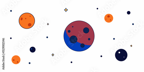 Detailed Planetary System with Asteroids and Tiny Moons Vector Illustration Background