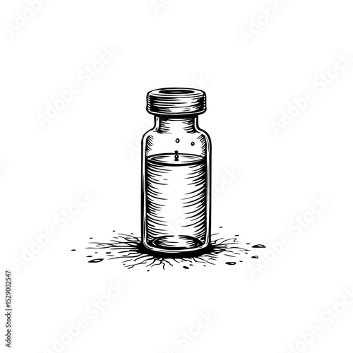 Intricate monochrome drawing: A vintage glass bottle with mysterious liquid filling