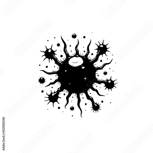 Stylized viral pathogen with a smiling face, conveying whimsical yet alarming presence