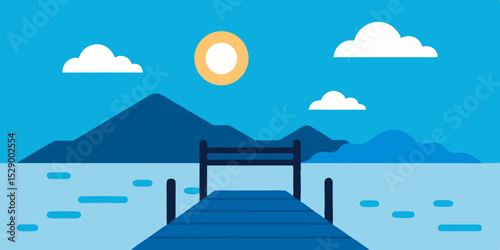 Tranquil Peaceful Dock Over Still Lake Background Vector Illustration