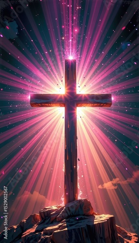 an abstract cross symbolizing faith and eternal life, bathed in ethereal magenta light, exuding uplifting vibes through sunlit sparkle and dynamic perspective, jesus, christianity, cross, heaven