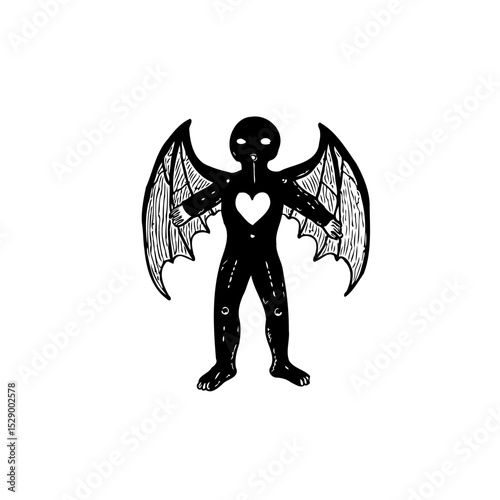 Mysterious winged figure with heart emblem against a stark white background