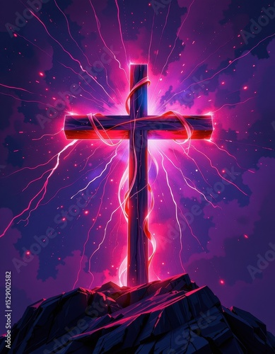 abstract cross symbolizes faith in promise of eternal life, set in a minimalist world with vivid violet hues and neon lights from above, create a joyful aerial view, jesus, christianity, cross