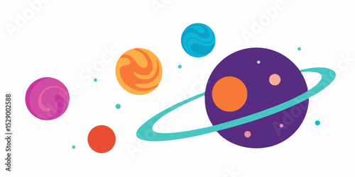 Vibrant Planets with Colorful Cosmic Swirl Background in Bold Flat Colors Vector Illustration
