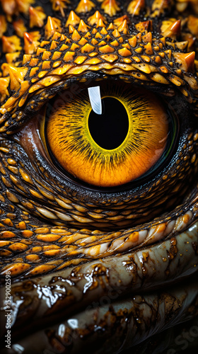 Macro eye of a reptilian creature with vivid orange iris and textured scales. Conceptual fantasy creature design. Predator gaze with detailed scaly skin close-up.