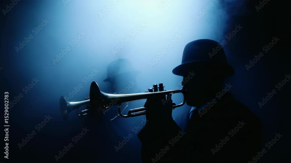 Jazz musicians perform on stage with trumpets in a smoky atmosphere at a nighttime event