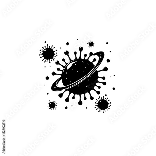 Stylized black and white vector illustration of a virus resembling a planet