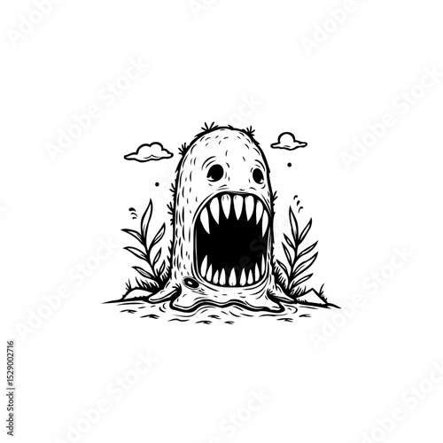 Creepy monochrome cartoon monster illustration with sharp teeth and ominous presence