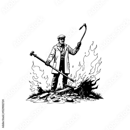 Vintage illustration of a man battling flames with tools against a white background