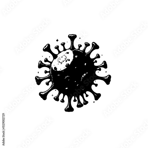 Black and white illustration of coronavirus cell with detailed spikes and texture