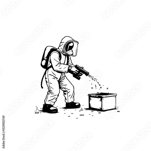 Protective Suit Worker Spraying Disinfectant, Black and White Illustration Style