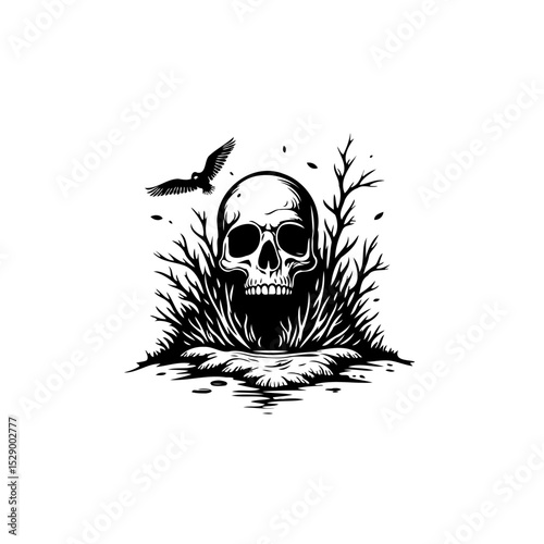 Striking monochromatic image of skull intertwined with nature and a soaring bird