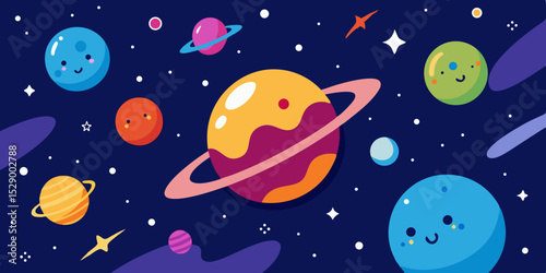 Whimsical Cartoon Universe Filled with Expressive Planets and Stars Vector Illustration