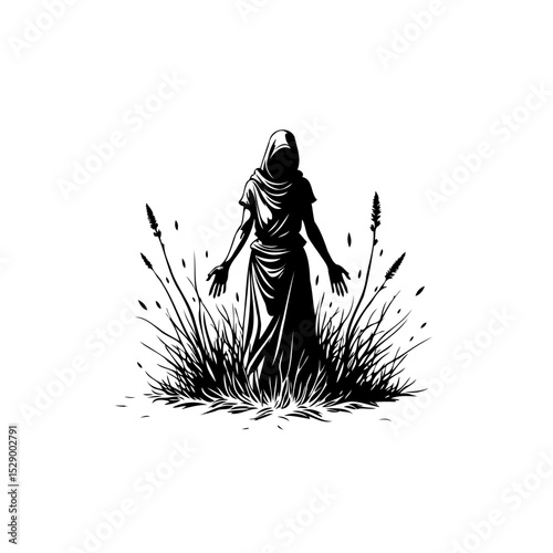 Mysterious veiled figure standing amidst tall grass in monochromatic vector art