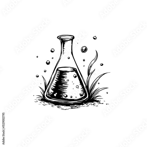 Stylized scientific conical flask illustration in black and white line art