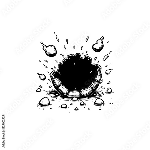Dynamic Broken Stone Sphere with Debris - Dramatic Impact and Scattered Elements Illustration