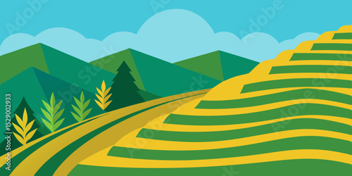 Scenic Rice Terrace Landscape Background with Lush Green Fields Vector Illustration