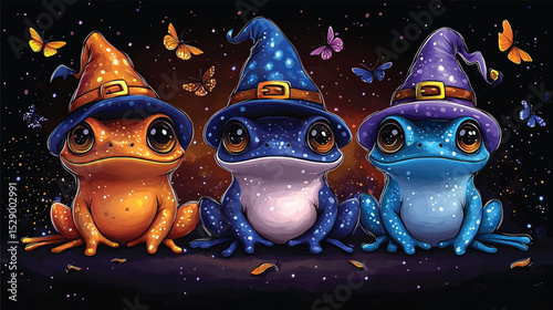 Colorful Frogs in Sorcerer Hats with Stars.
