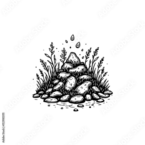 Monochrome nature drawing: Grassy mound with scattered rocks and floating droplets